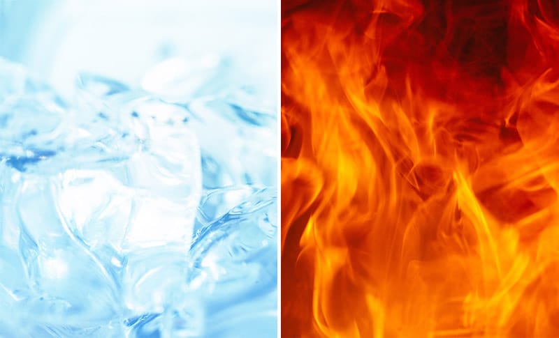 Side-by-side photos of ice and heat in the context of treating muscle and joint injuries